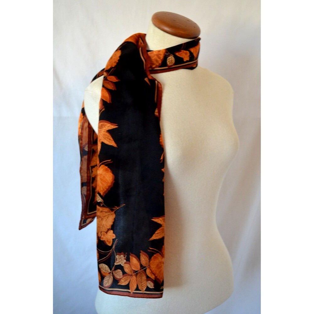 Jones New York Silk Scarf Long Rectangle Fall Autumn Leaves Black Background - Picture 3 of 4